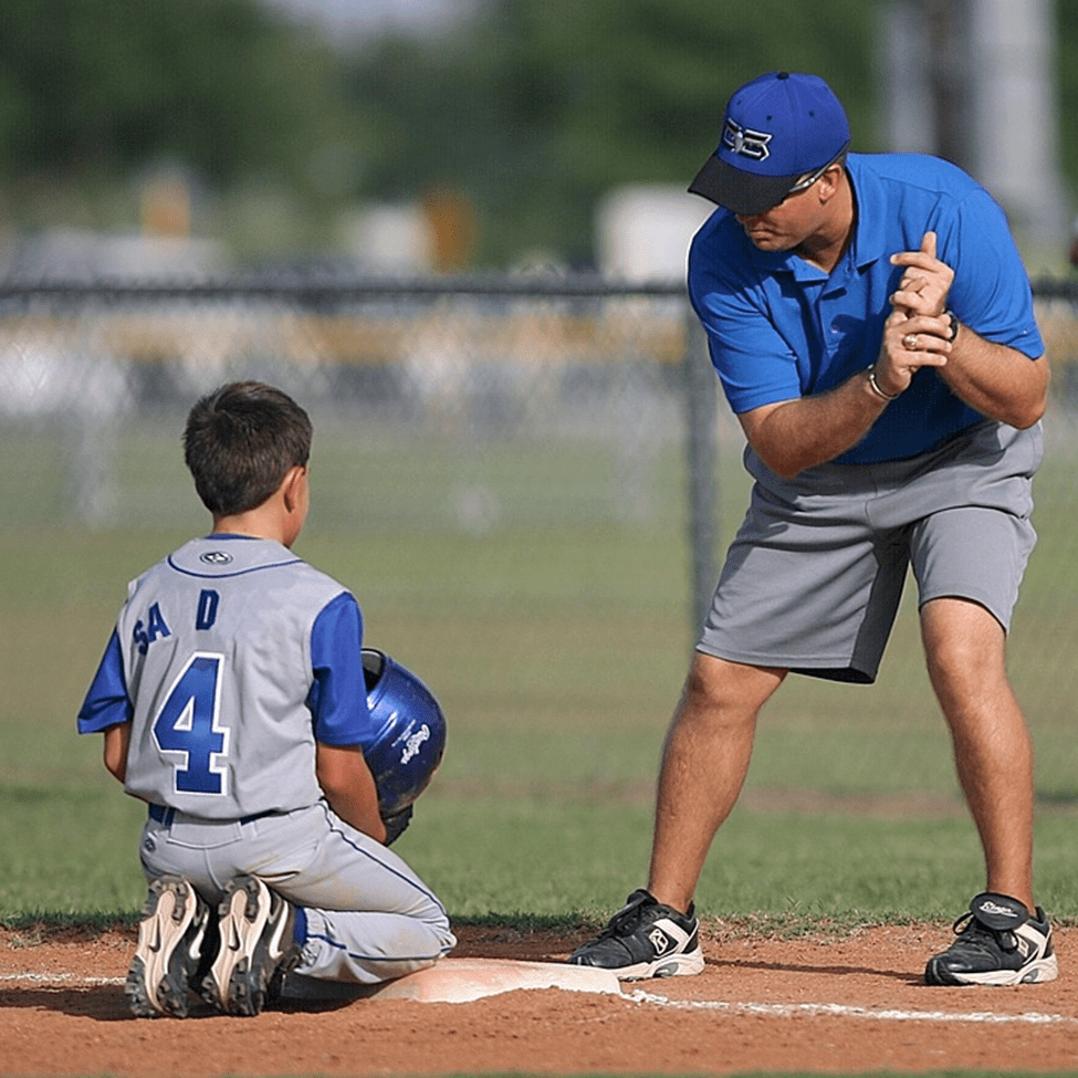 A coach teaches a young athlete a different technique for swinging a bat.